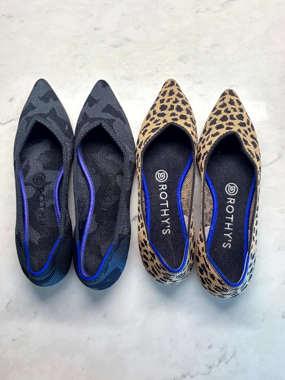 Rothy's Leopard Print and Black Camo Pointed Toe Flats - Sold as Set